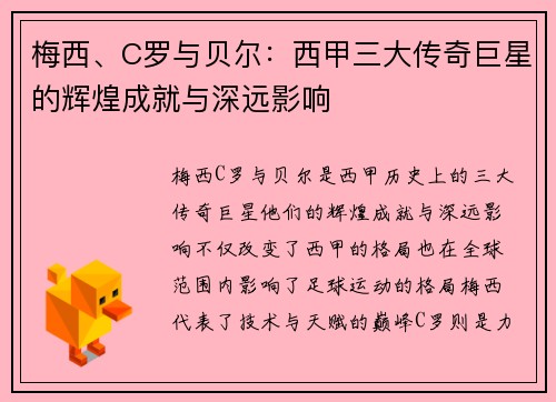 梅西、C罗与贝尔:西甲三大传奇巨星的辉煌成就与深远影响 梅西、C罗与贝尔:西甲三大传奇巨星的辉煌成就与深远影响
