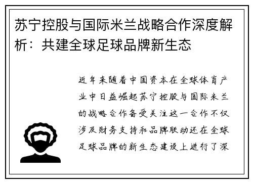 苏宁控股与国际米兰战略合作深度解析:共建全球足球品牌新生态 苏宁控股与国际米兰战略合作深度解析:共建全球足球品牌新生态